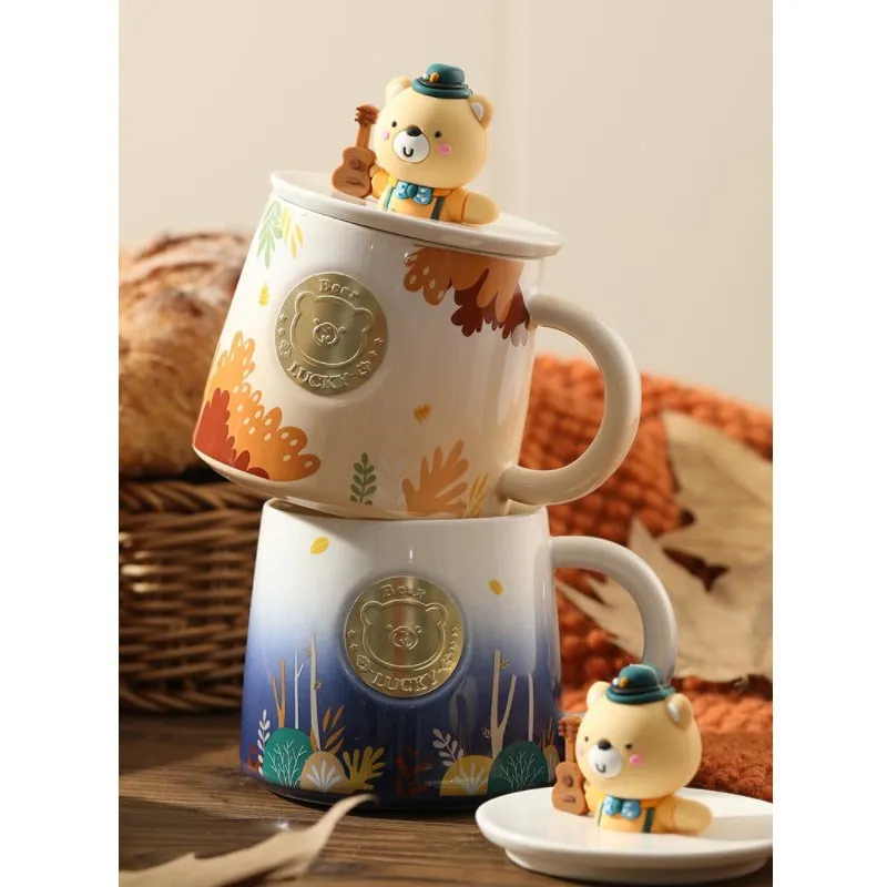 

Керамическая кружка Happy Bear с крышкой для воды и кофе, милая, для студентов, дома и офиса, парная, сделано в Китае, деревянный материал