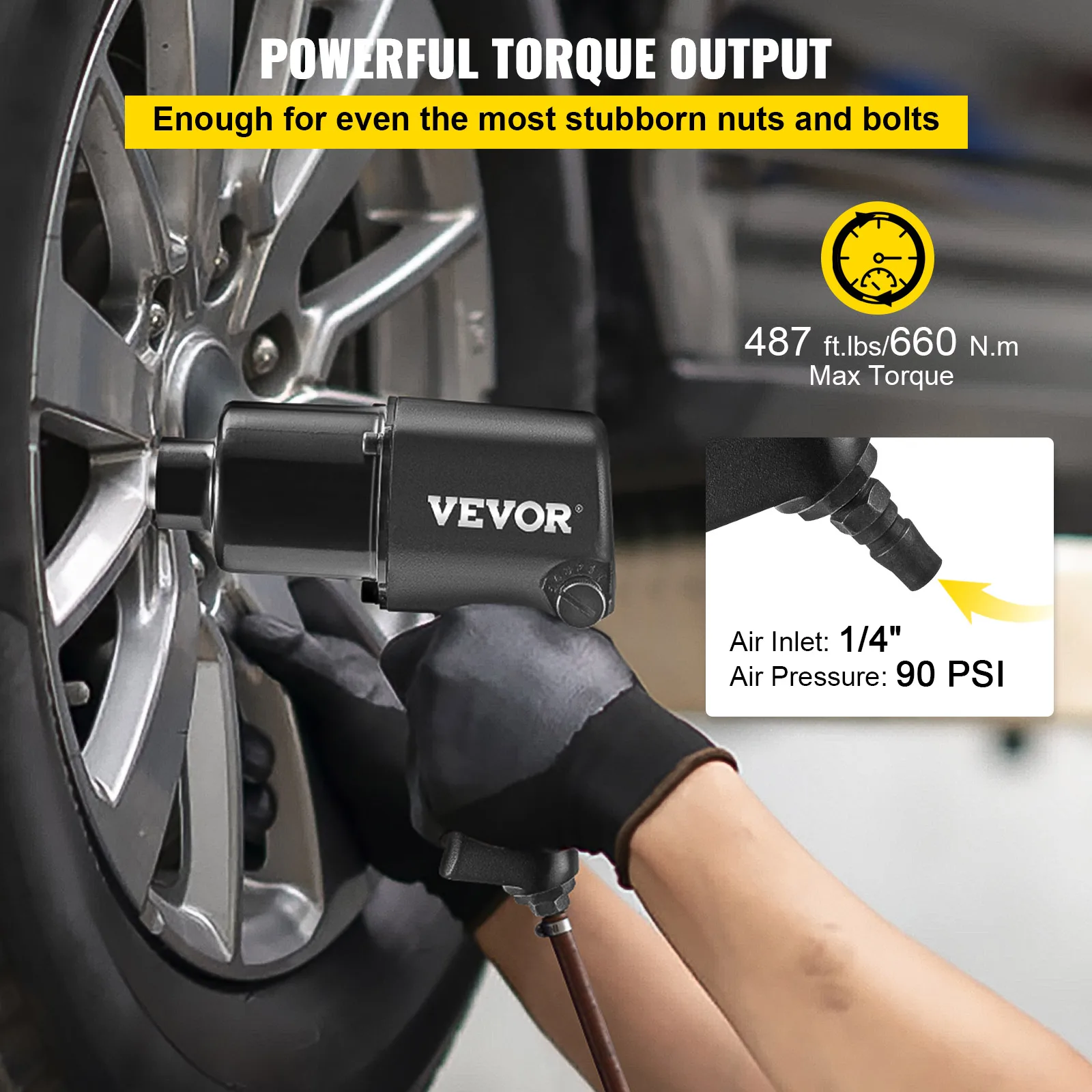 VEVOR Avvitatore a Impulsi, 660 Nm Avvitatori a Massa Battente in Acciaio e Alluminio, Dimensioni Unità Quadrate 12,7mm Trapano Avvitatore a Percussione Nero, Velocità 7500 rpm, per Riparazione Auto