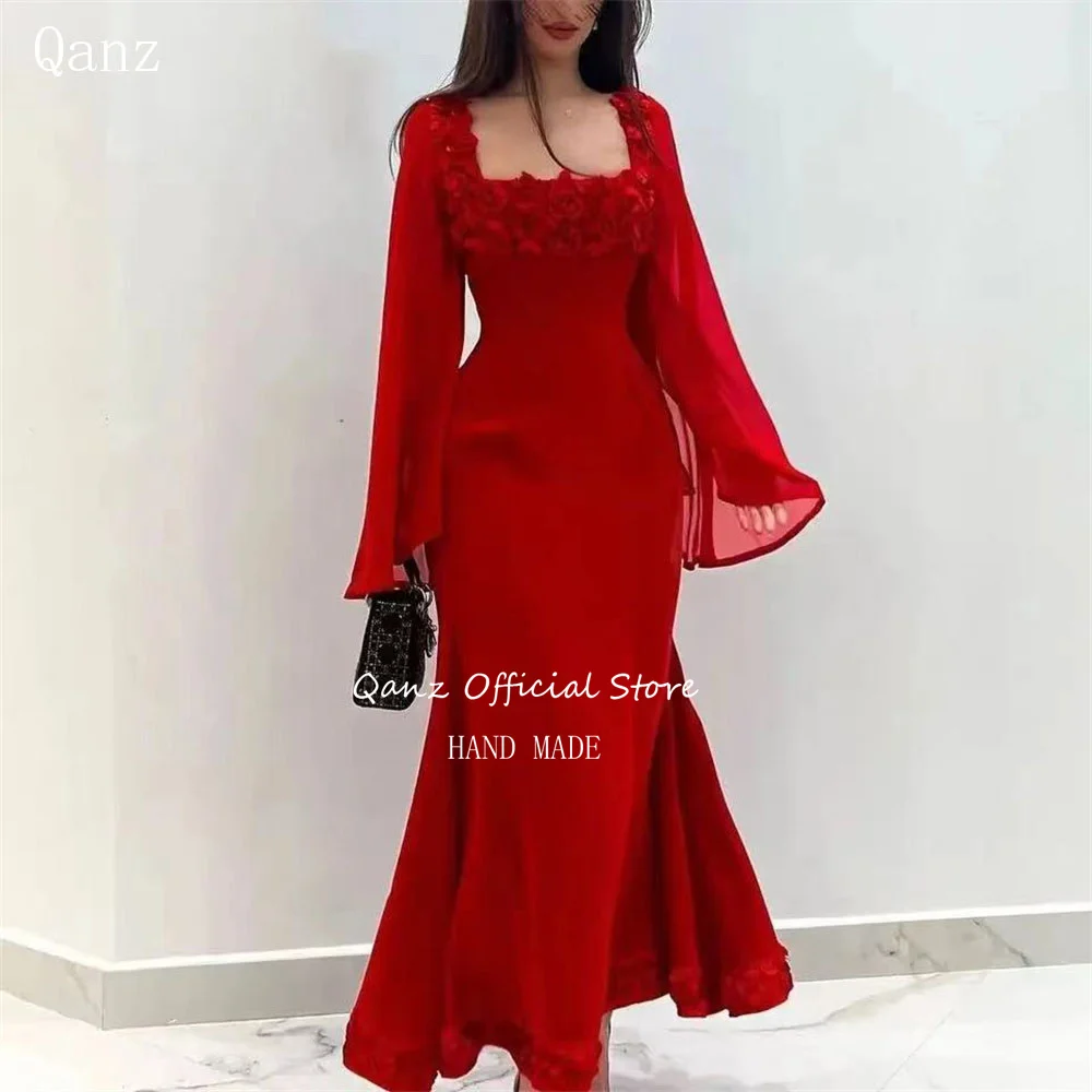 

Qanz Elegant Red Evening Dresses Mermaid Chiffon Long Sleeves Prty Gown 3D Handmade Flowers Abendkleider Luxus Dubai 2024 New