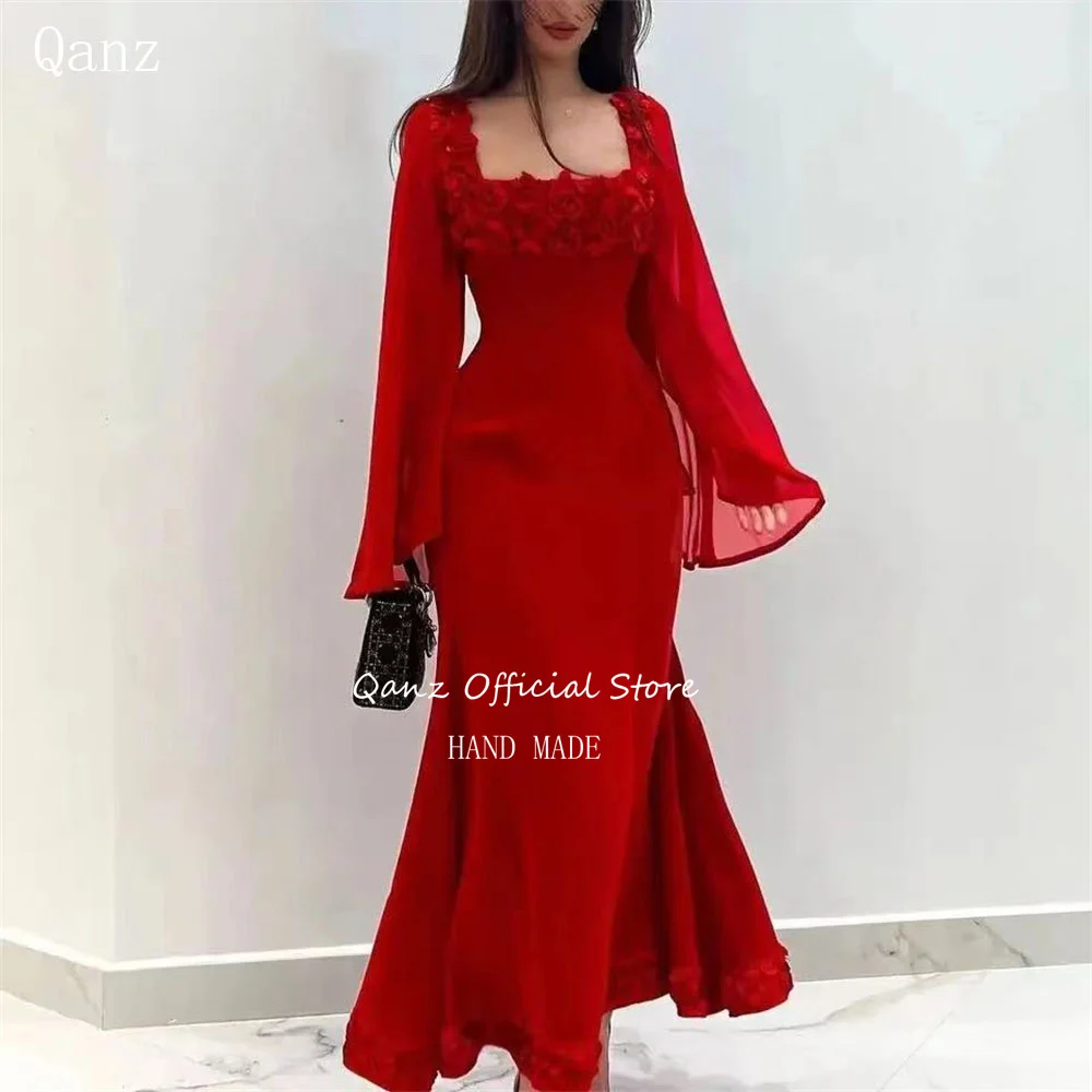 

Qanz Elegant Red Evening Dresses Mermaid Chiffon Long Sleeves Prty Gown 3D Handmade Flowers Abendkleider Luxus Dubai Customized