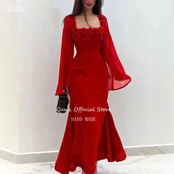 Qanz Elegant Red Evening Dresses Mermaid Chiffon Long Sleeves Prty Gown 3D Handmade Flowers Abendkleider Luxus Dubai Customized