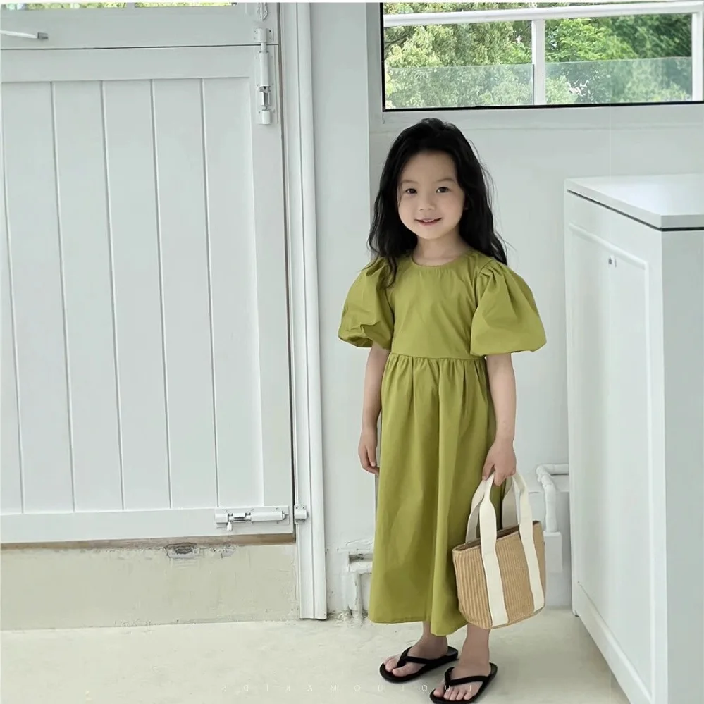 2026 Summer New Girls  Sleeve Backless Dress Brown Green Two Colors  Fairy Outing Wear Fashion Kids Clothing