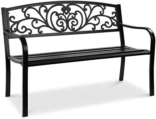 Outdoor Bench Steel Garden Patio Porch Furniture for Lawn, Park, Deck w/Floral Design Backrest, Slatted Seat - Black