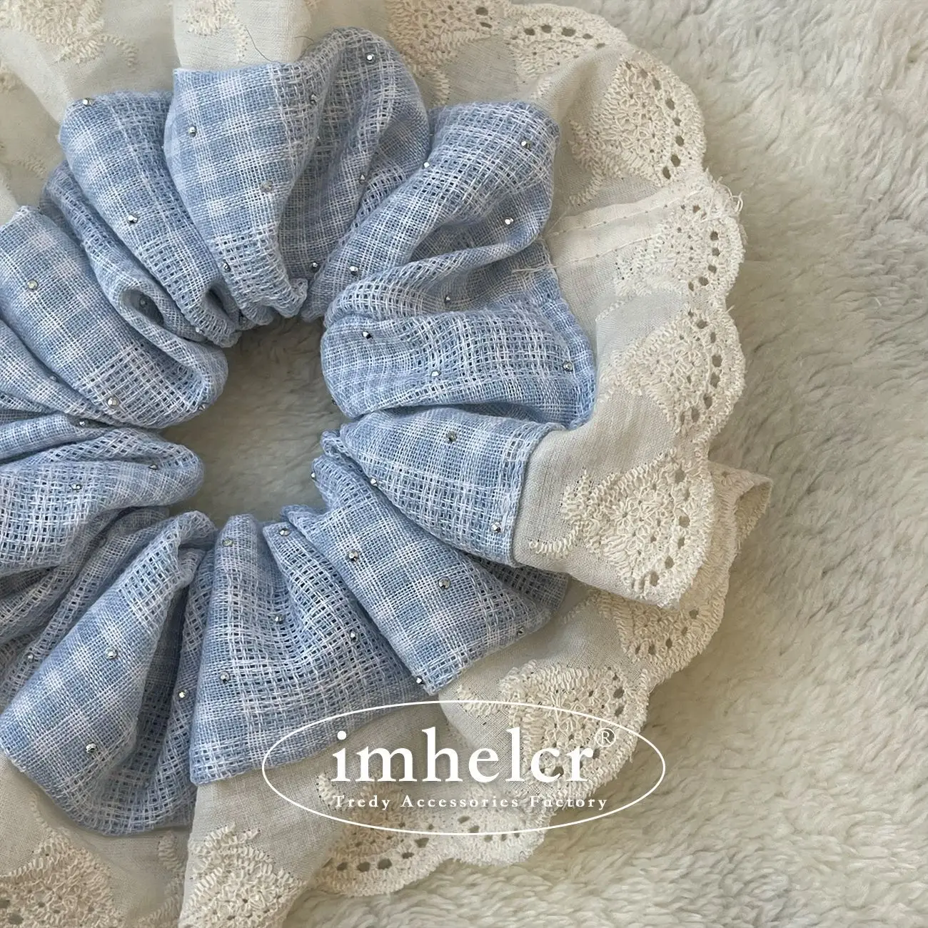 Cream Blue Color Hair Scrunchies Double Layer Lace Trim Hair Ties Drill Decor Women Ponytail Holder Sweet Hair Bands Headwear