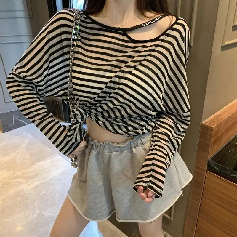 

Summer New Thin Hollow Out Letter Printing T Shirt Tops Long Sleeve Striped Loose Pullovers Trend Fashion Casual Women Clothing