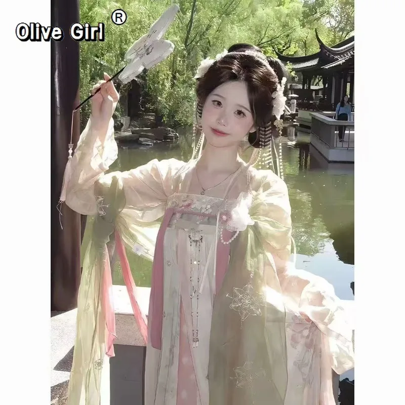 

Оригинальное платье Ханьфу в стиле династии Тан, длинное, с вышивкой, повседневное, в стиле чонсам, полный комплект, с принтом, китайская вышитая юбка