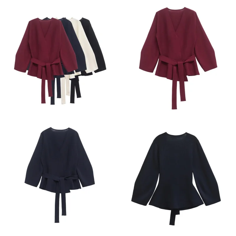 

Women's Knitted Blazer with Shoulder Pads - Retro V-Neck Long Sleeve Belted Coat, Versatile Stretch Office Wear