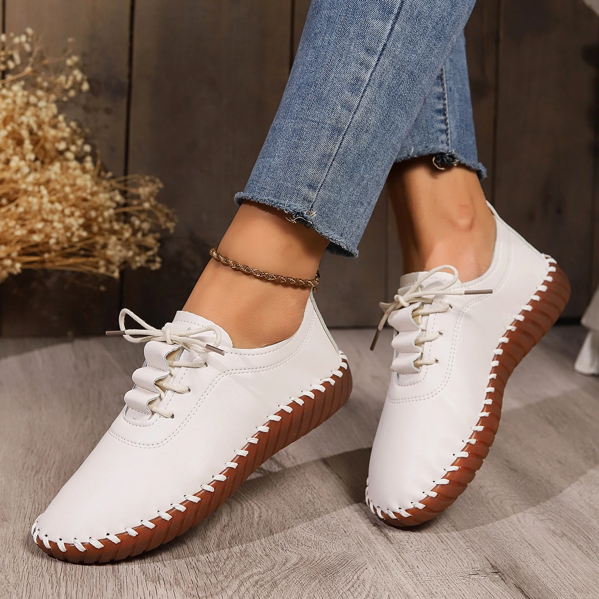 Sepatu Sneakers wanita baru sepatu Platform loafer bertali rata kulit tren musim semi kasual ibu sepatu Mujer Zapatos Chaussure Femme