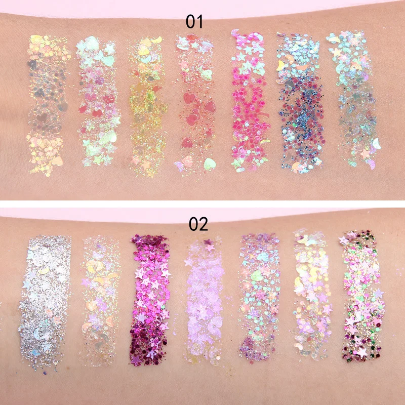 7 Colors Face Glitter Diamond Sequins Eyeshadow Five Pointed Star Fragment Moon Eyeshadow Shimmer Pigment Eyebrow Makeup Palette