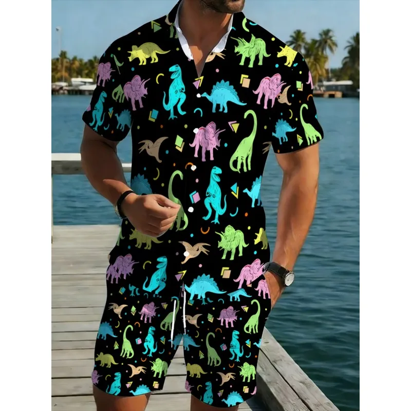 Conjunto de Camisa y Pantalones Cortos de Poliéster con Estampado de Dinosaurios para Hombre, Ligero, Transpirable, Informal, para Playa, Jardín, Aire Libre, Cómodo y Colorido