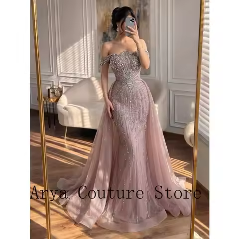 Hot Sale Dusty Pink Sequin Mermaid Dress Neck Beaded Embellished Overskirt Train Maxi Gown Women Formal Evening Party Prom Dress