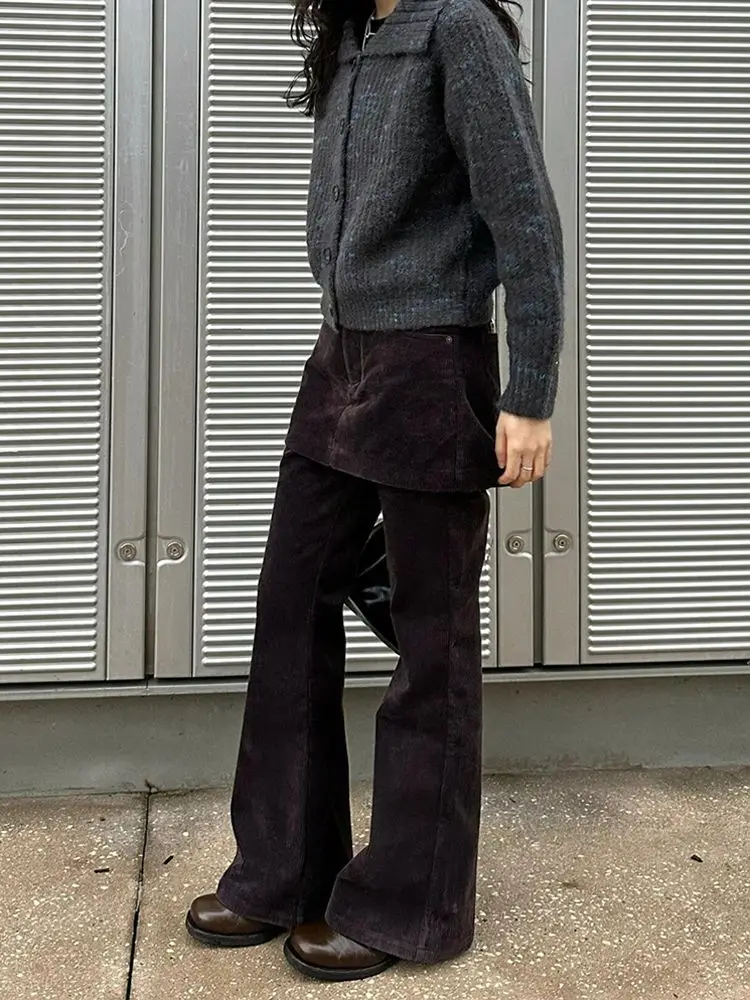 2025 Design Sense Stacked Corduroy Skirt Pants Women's Fake Two Piece Micro Horn Floor Pulling Pants
