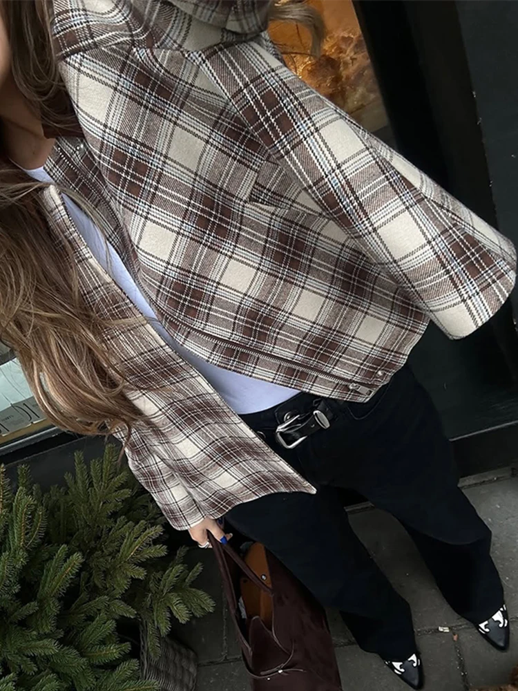 

Vintage Women's Cropped Checkered Jacket Contrast Collar Zipper Loose Fit Casual Coat 2025 New Daily Outwear Retro Streetwear