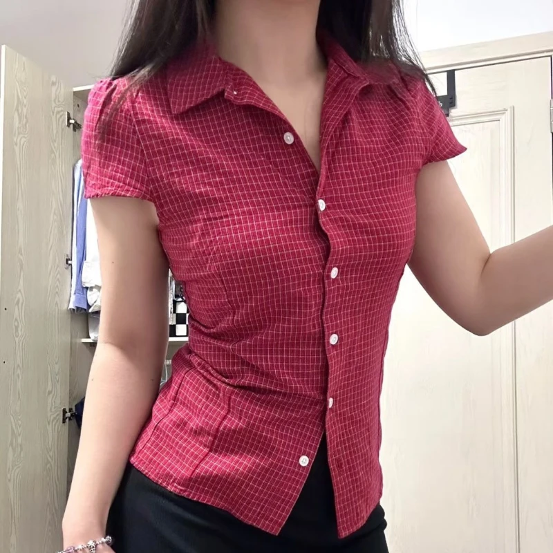 

American Retro Spicy Girl New Plaid Shirt Short Sleeved Slim Fit Casual Tops Button Harajuku Y2k Grunge Vintage Crop Tops Woman