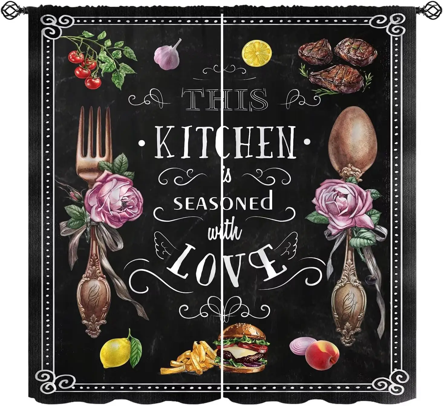 Vintage Rustic Kitchen Curtains, Flower Fruit Fork Spoon Western Food Art Printed Window Drapes for Cafe and Living Room