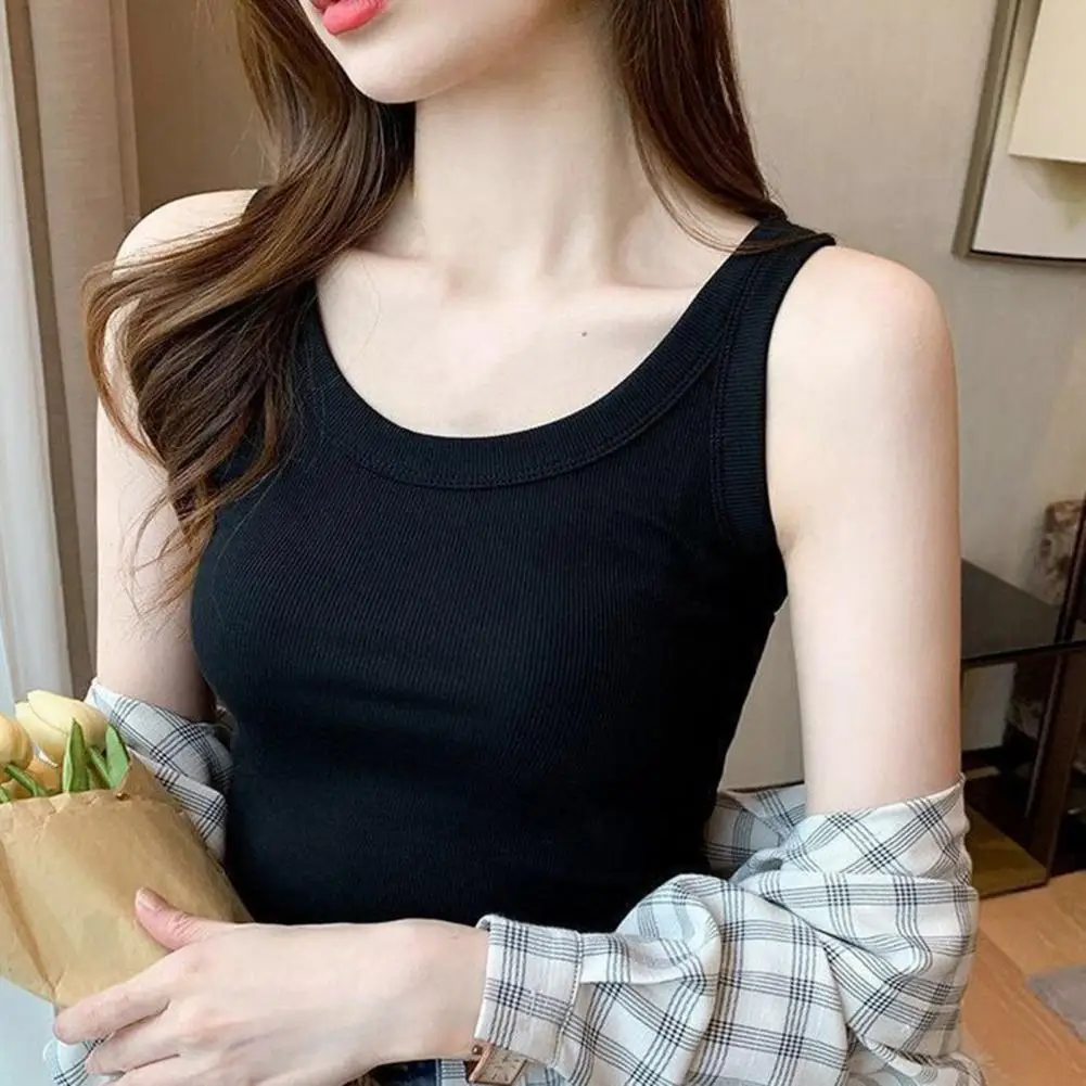 Summer Elastic Thin Vest For Women U Neck Sleeveless Wide Shoulder Straps Solid Color Ribbed Tops Casual Wear