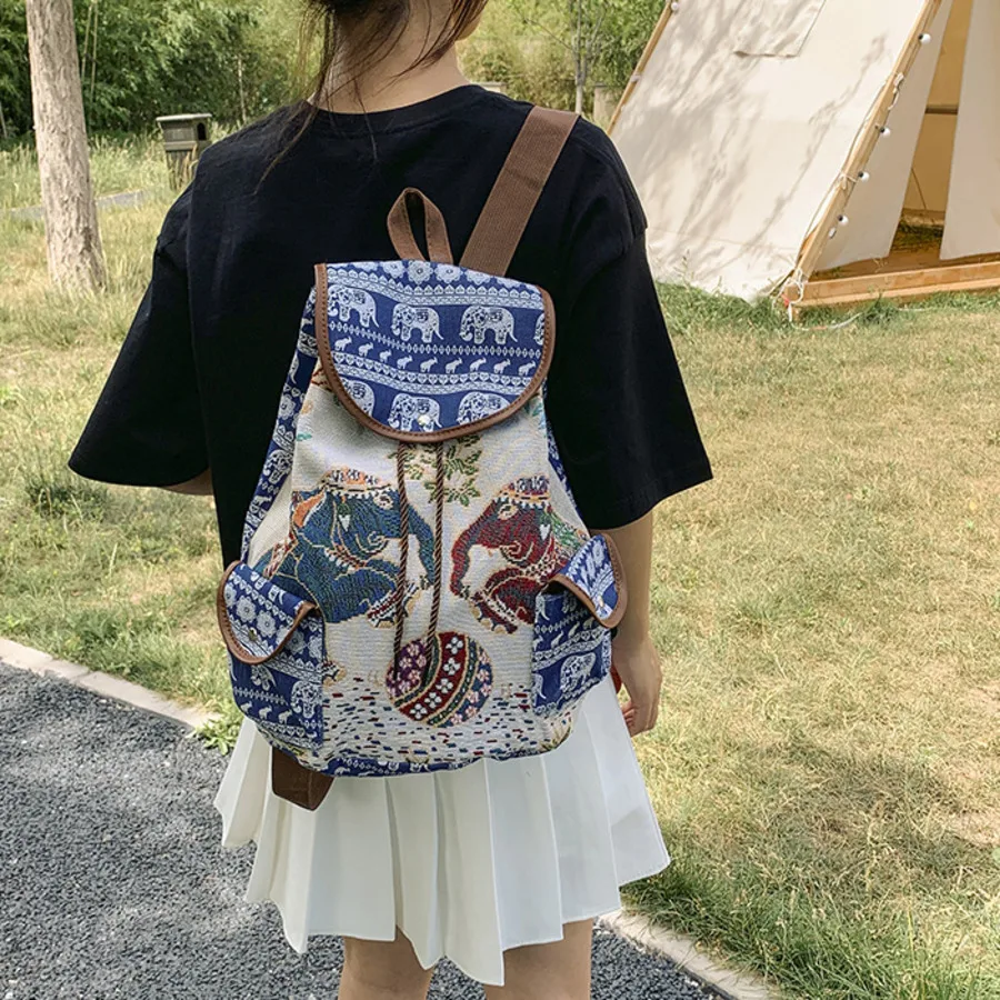 Ethnic Korean Style Bohemian Elephant Embroidery Backpack Casual Animal Drawstring Backbag Bucket Back Bag Sac A Dos Travel