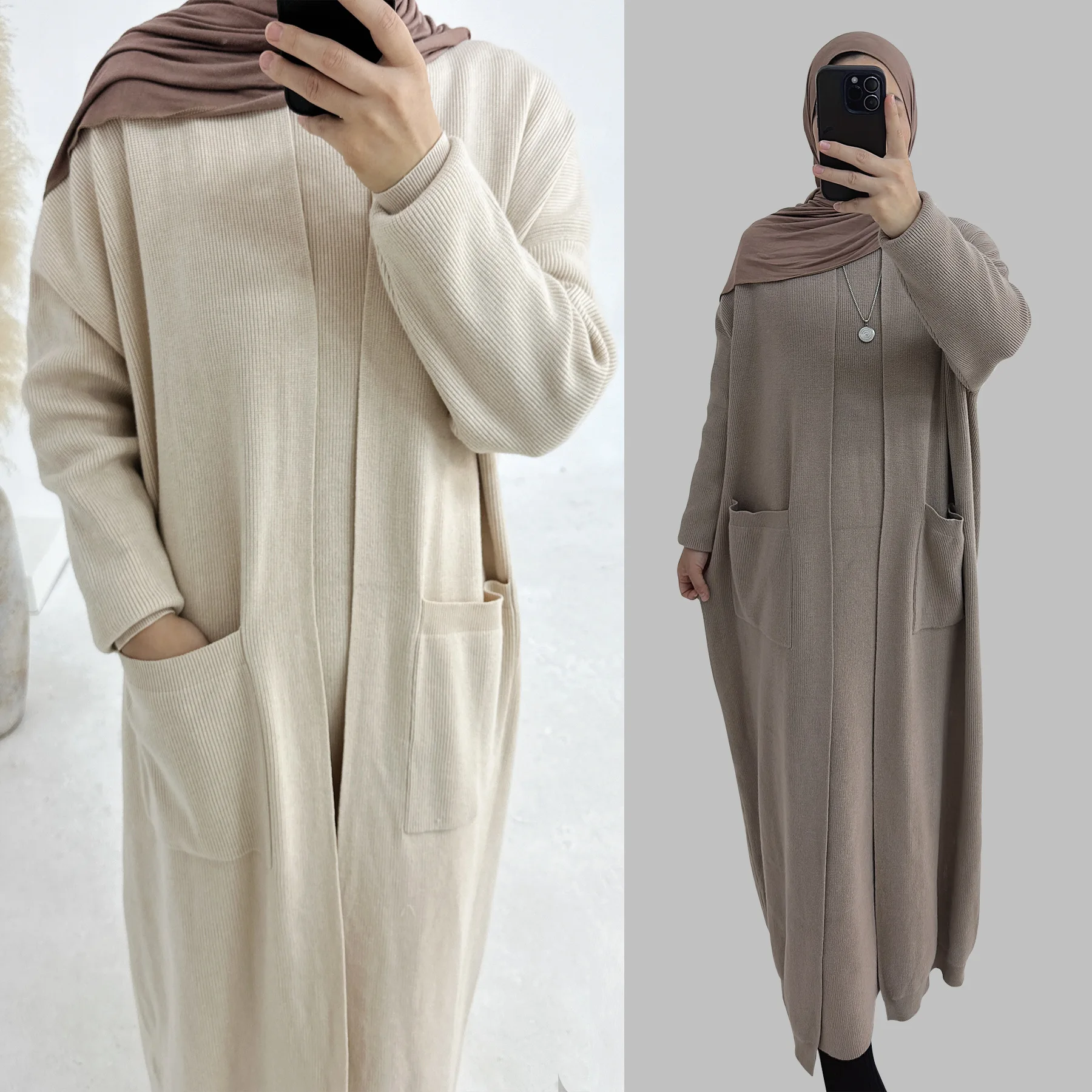 Muslim Women Kimono Abaya Cardigan Sweater Coat Knitted Long Dress 2 Pieces Set Suit Morocco Islamic Outfits Kaftan Robe Winter