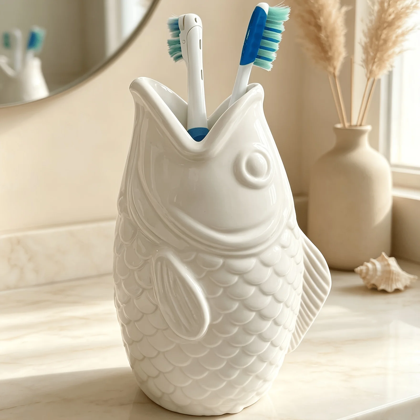 1Pc Cute Big Mouth Fish Toothbrush Holder, Creative 3D Fish Shape Bathroom Storage Organizer for Countertop