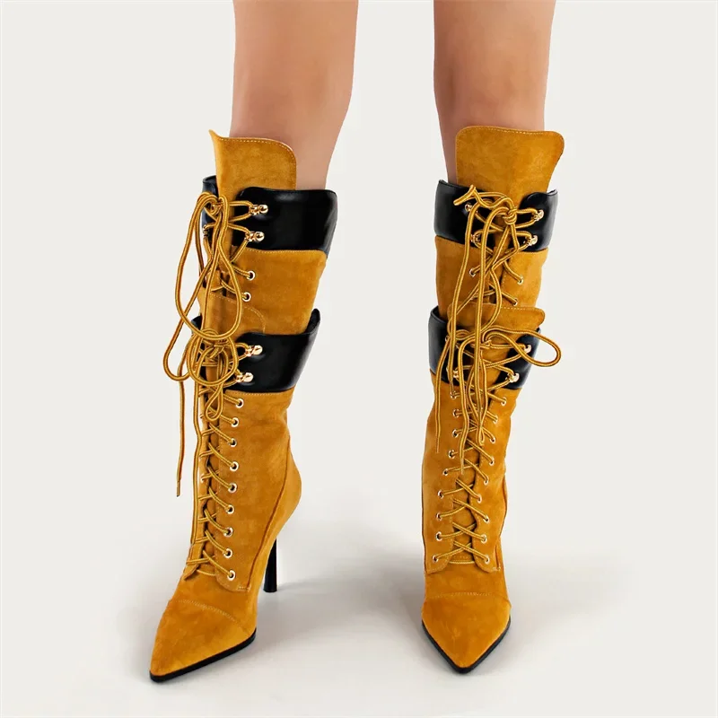 

Richealnana Women Pointed Toe Double Lace Stilettos Straps Up Strappy Mid-Calf Boots