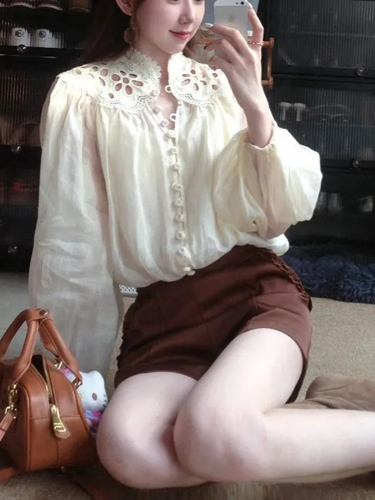 Korean Fashion Vintage Elegant 2 Piece Set Women Single Button Loose Hollow Shirt + High Waist Shorts French Casual Solid Outfit