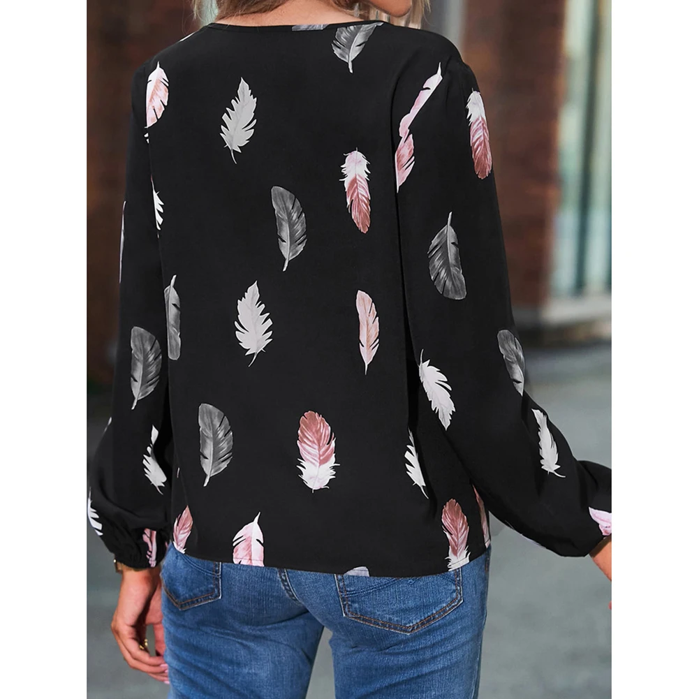 

For Casual Outings Women's Casual Shirt Feather Print Shirt S M XL Long Sleeved Casual Blouse Breathable Fabric