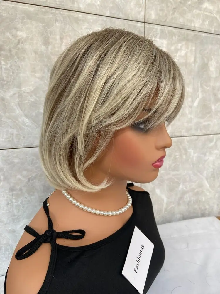 Short Bob Fluffy Blonde Human Hair Blend Heat Bangs Women Soft Wigs