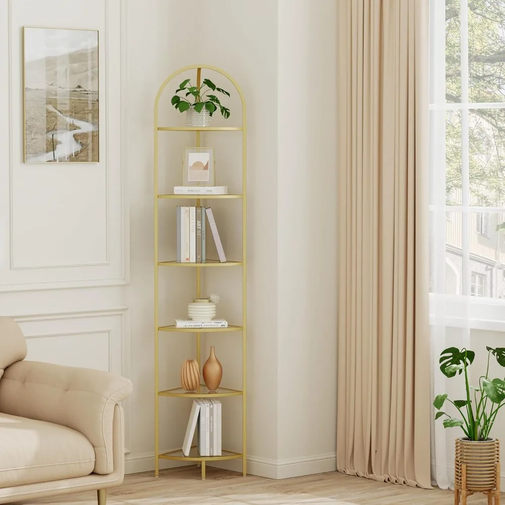 

6-Tier Corner Shelf Stand, Metal Corner Bookshelf, Tempered Glass Shelves, Bathroom Storage Rack Shelf, Plant Stand, Modern Sty