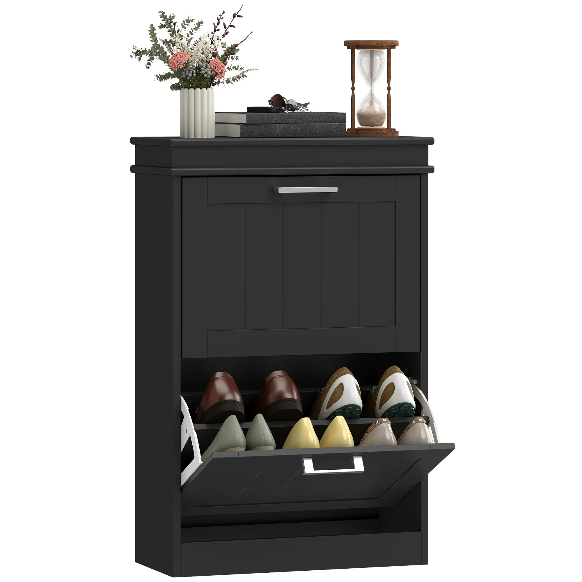 HOMCOM Shoe Cabinet for Entryway, Narrow Shoe Rack Storage Organizer with 2 Flip Drawers and Adjustable Shelves for 10 Pairs of Shoes, Black