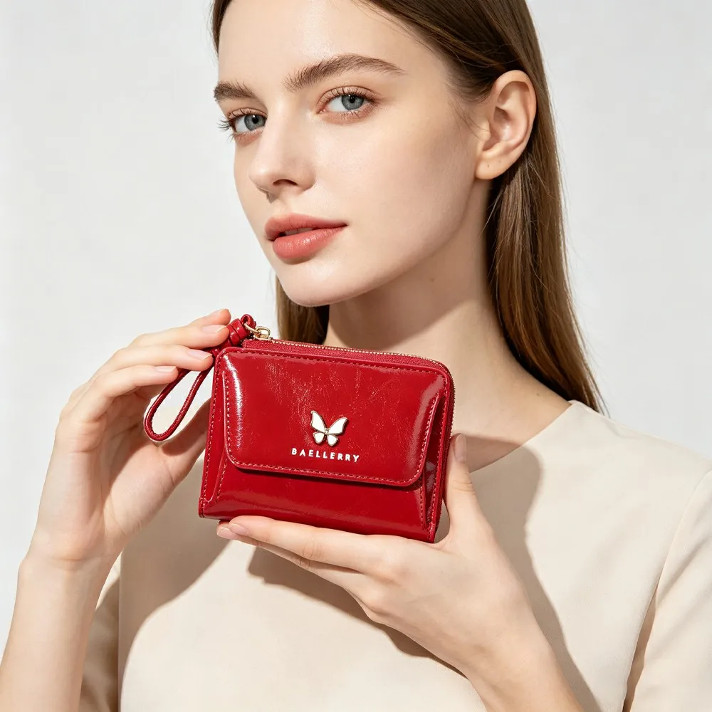 1Pc - Vintage Oil-Waxed Pu Leather Short Wallet with Butterfly Decoration, Multi-Card Slot Zipper Coin Purse, 8 Card Slots, 1 Banknote Slot, 1 Coin Pocket, Women's Gift