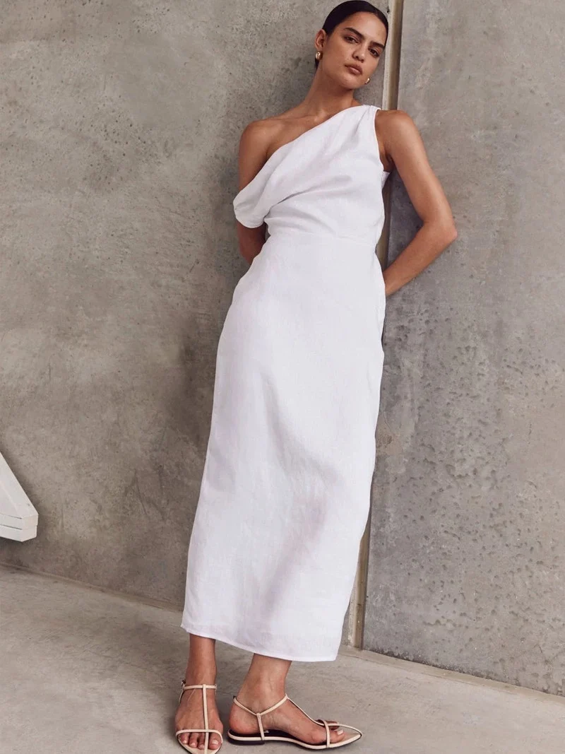 

Women Diagonal Collar Pleated High Slit Linen Maxi Dress