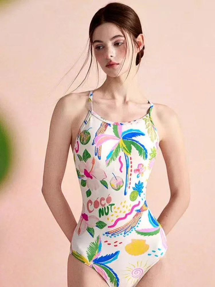 2026 Professional Triangular One-Piece Swimsuit Women's Slimming Competitive Sporty Casual Print Swimwear Tagkita Brand