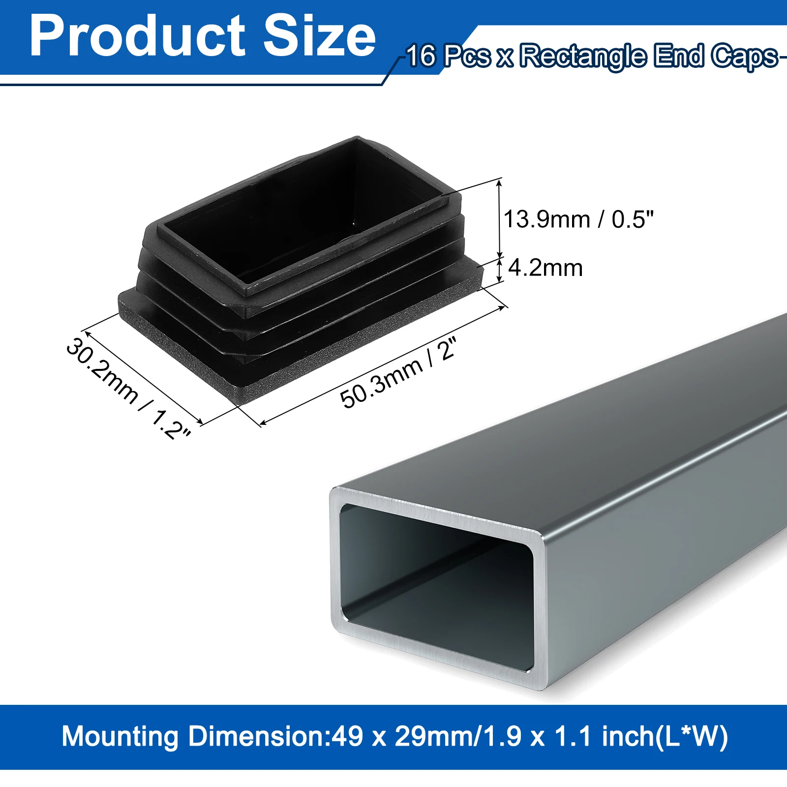 2/8/16Pcs Rectangle Tubing End Caps Plastic Plugs Caps Protectors Square Bottom Foot Covers Anti-slip Furniture Floor Pads Black