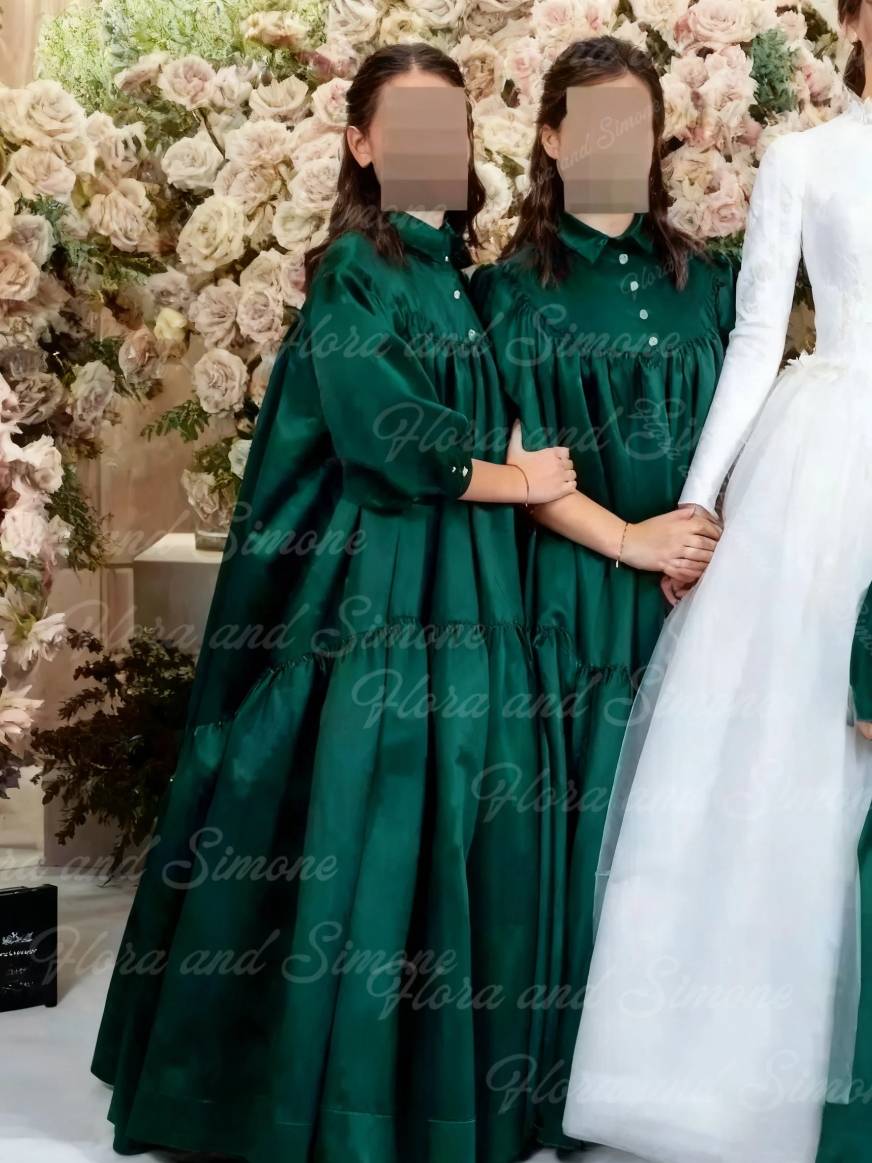 فستان فتاة الزهور الخضراء لحفلات الزفاف بأكمام قصيرة منتفخ من الساتان بطول الأرض لعيد ميلاد الأطفال أول مناولة مخصصة