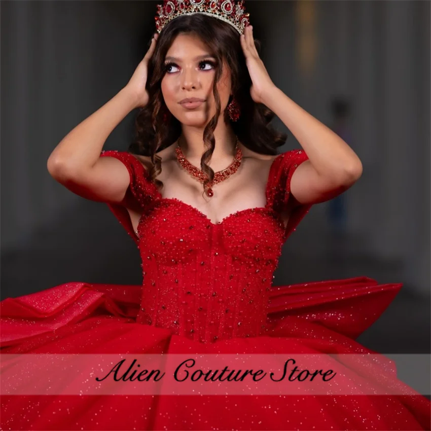 

Red Off Shoulder Princess Sweet 16 Dress Quinceanera Dresses Beads Bow Corset Party Birthday Vestidos 15 De Anos Customized