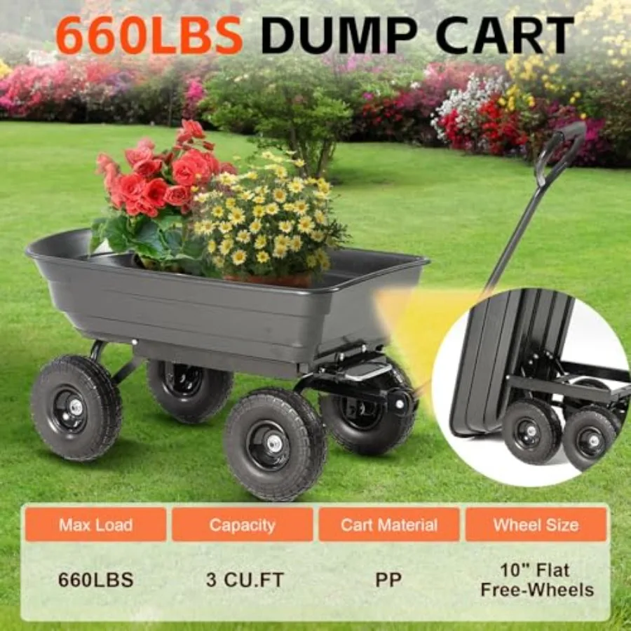 Garden Dump Cart 660lb Heavy-Duty Steel Frame Flat-Free Tires