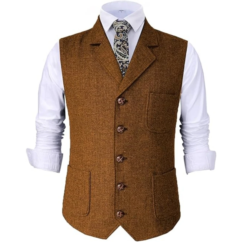 

Herringbone Men Vest Orange Solid Gentleman Business Waistcoat Vintage Regular Slim Banquet Men Suit Vest