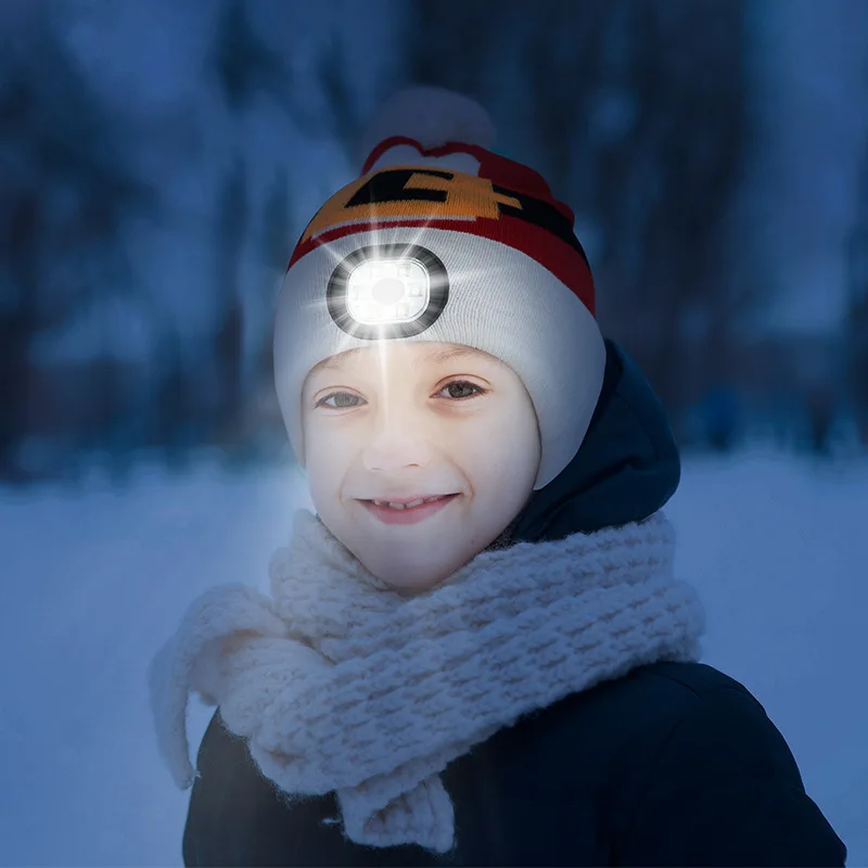 LED Flashlight Beanie Hats for Kids, Rechargeble Washable LED Head Lamp Hat, Winter Warm Caps with Lights Handfree for Outdoor