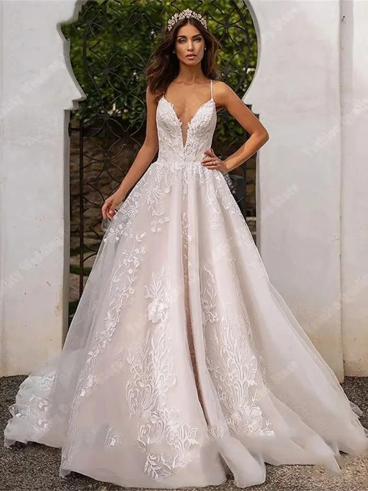 Vestidos de casamento delicados de tule para mulheres, cintas de espaguete, vestidos de noiva sem mangas, vestido luxuoso para senhora