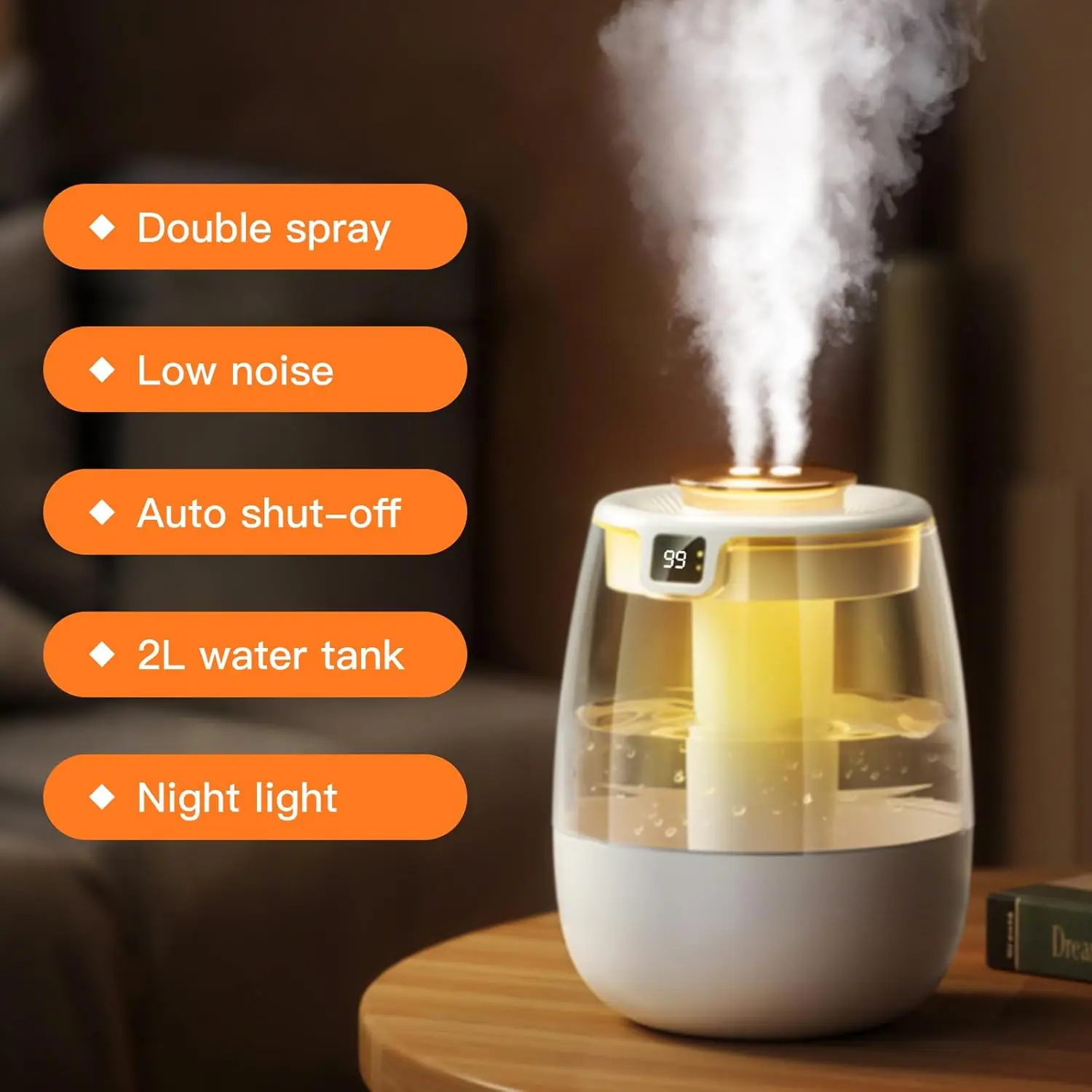 Digital Display Air Humidifier with 3 Mist Modes & Night Light Double Spray Evaporative Household Humidificador