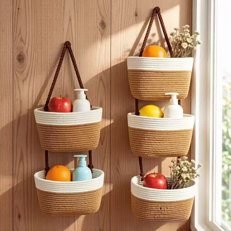 Boho Hanging Storage Baskets, Neutral Woven Rope Wall Organizer, Space-Saving Holder for Bathroom, Kitchen and Bedroom