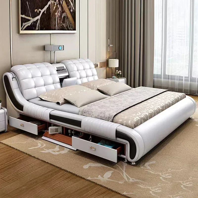 

Design Leather Modern Double Bed Storage Space Adults Multifunctional Smart Double Bed Loft Queen Camas De Dormitorio Furniture