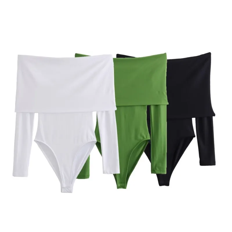 

TRAF Off Shoulder Women Bodysuit Sexy Backless Elastic Women's Long Crop Top Beach Style Thong Bottom Slim Female Bodysuits