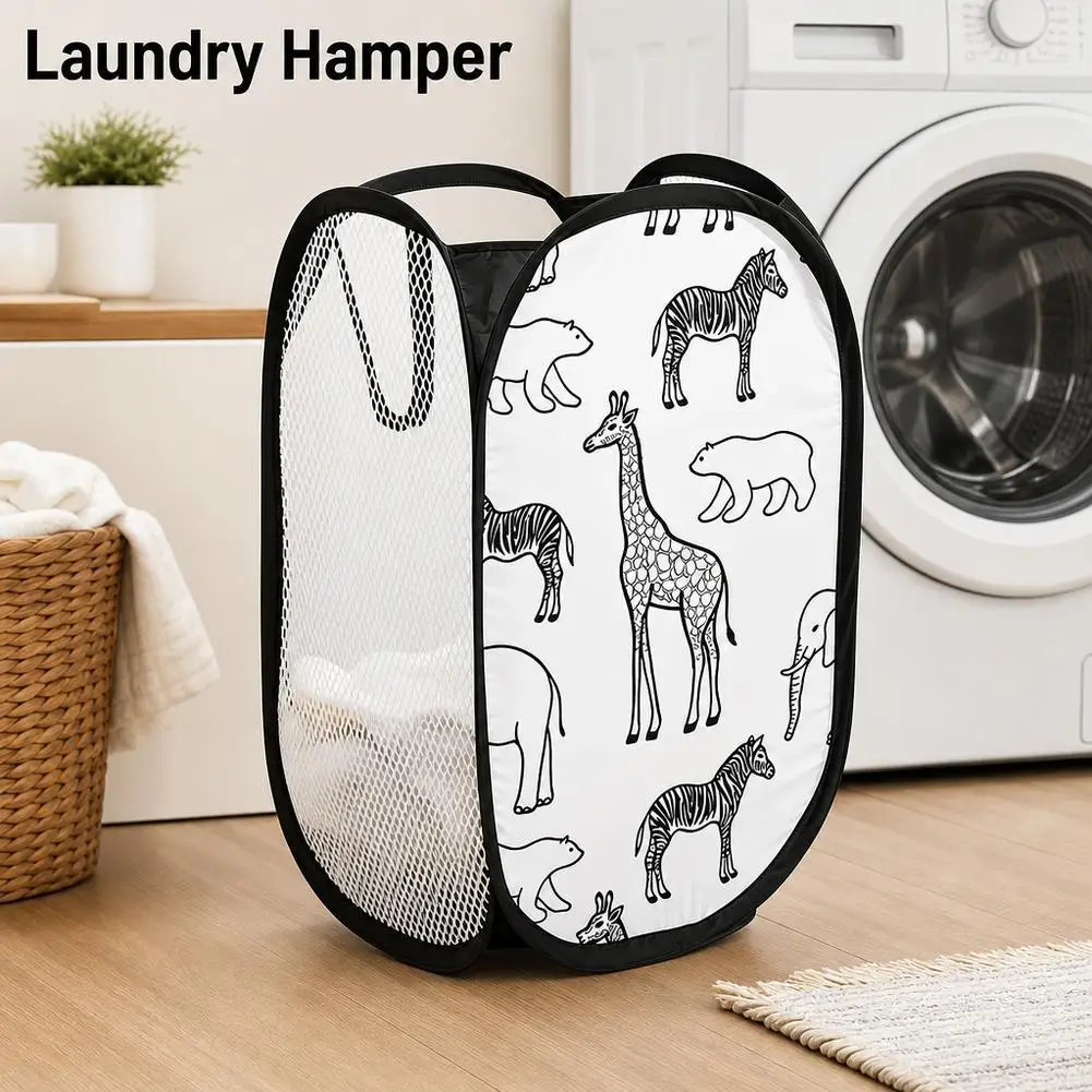 Laundry Hamper Cute Animal Giraffe Mesh Laundry Basket Collapsible Clothes Toy Storage Basket with Handles