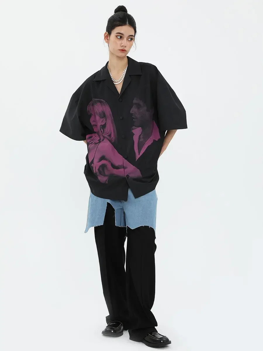 American Hawaii Scarface Porträt druck elegante Frauen Kurzarmhemd Retro elegante Paar Y2k Kleidung Herren hemden