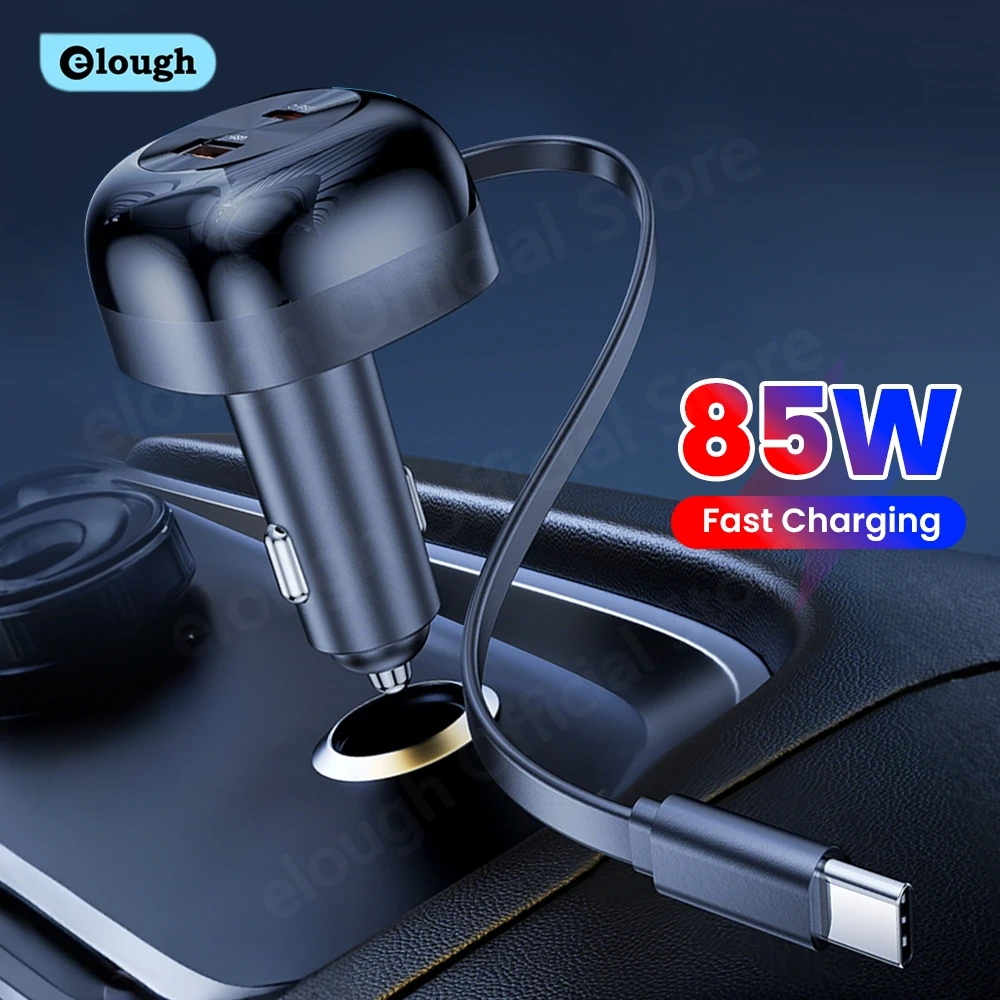 

Elough 85W Car Charger Super Fast Charge USB Type C Car Phone Charger Adapter With Telescopic USB C Cable For Iphone 16 Samsung