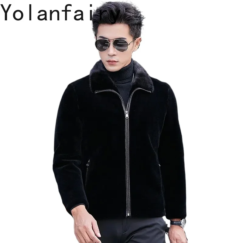 

YOLANFAIRY Men Clothing Genuine Leather Jacket Men Sheep Sheared Mink Fur Lapel Fur Coat Male 100% Wool Jacket Coats Veste Homme