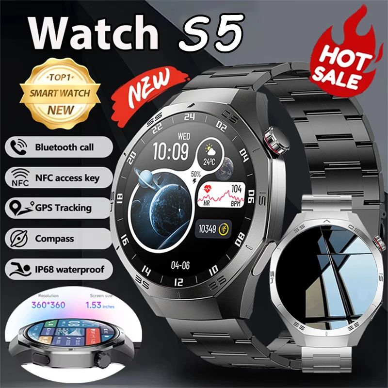 

2025 New S5 Smart Watch Men AMOLED Screen GPS Motion Trajectory Heart Rate Bluetooth Call Sports Fitness SmartWatch Waterproof