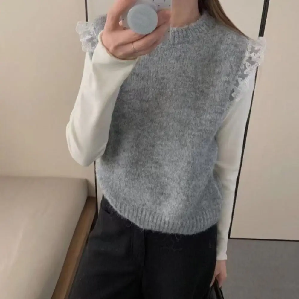 

Round Neck Lace Sleeveless Sweater Pullover Korean Style Knitted Waistcoat Top Sweet Solid Color Knitwear Women Streetwear