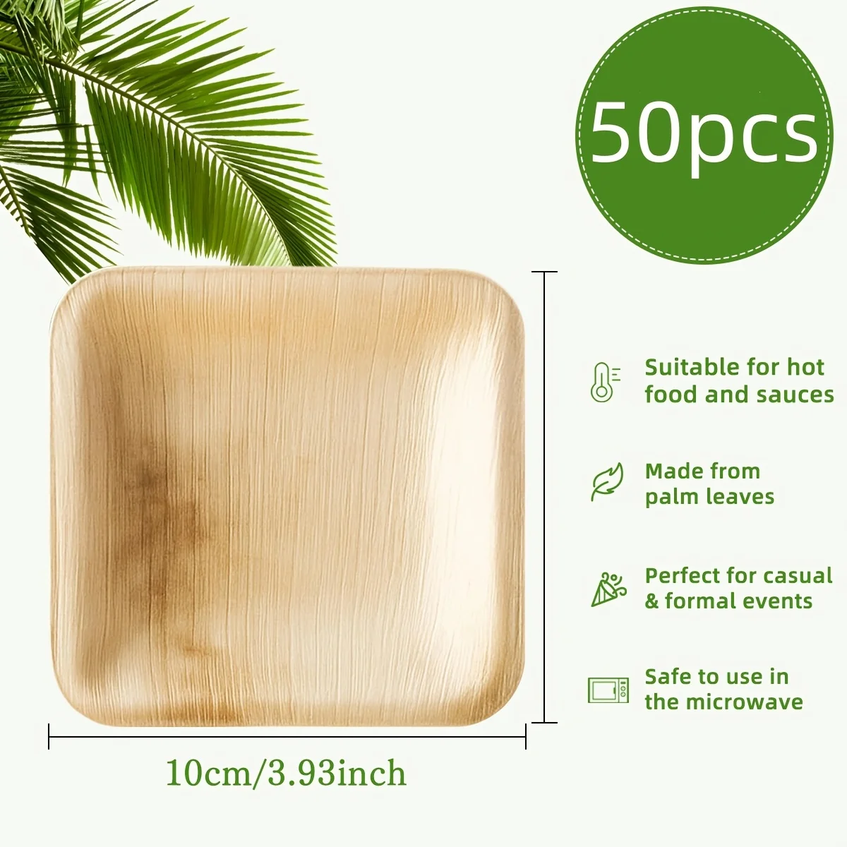 Palm Leaf Plates 3.93inch Square (Pack of 50) – Biodegradable Palm Leaf Material, Compostable, Disposable, Eco-Friendly, Heavy-Duty Dessert Plates – Ideal Tableware for Parties, Weddings, Events, and Holiday Celebrations
